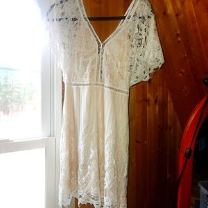 Size 2 White Lace Mini Dress w/ Bell Sleeves, Bachelorette/Bridal Dress
